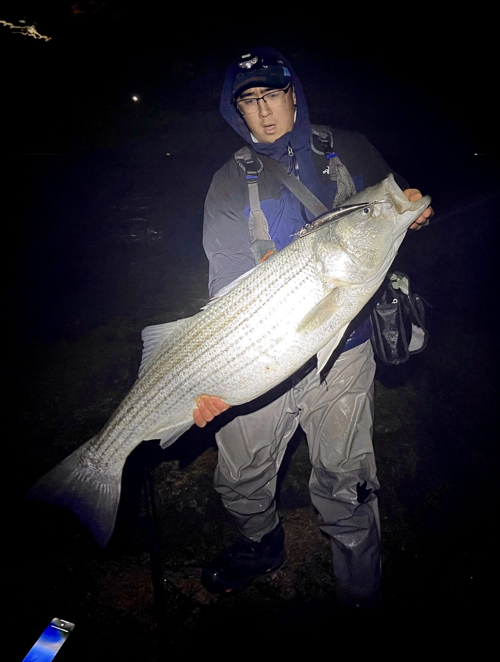 Week 5 Shore winner Gary Huang of Great Neck, NY with his striped bass