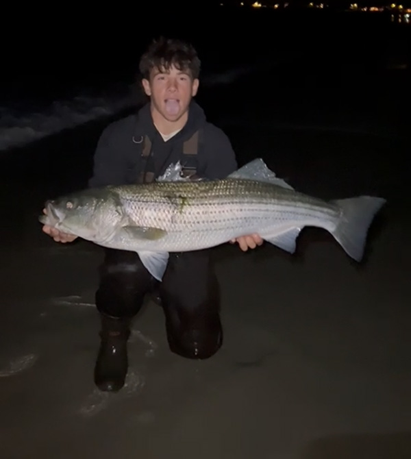 Week 16 Shore winner Blake Boissoneault of Saco, ME with his striped bass