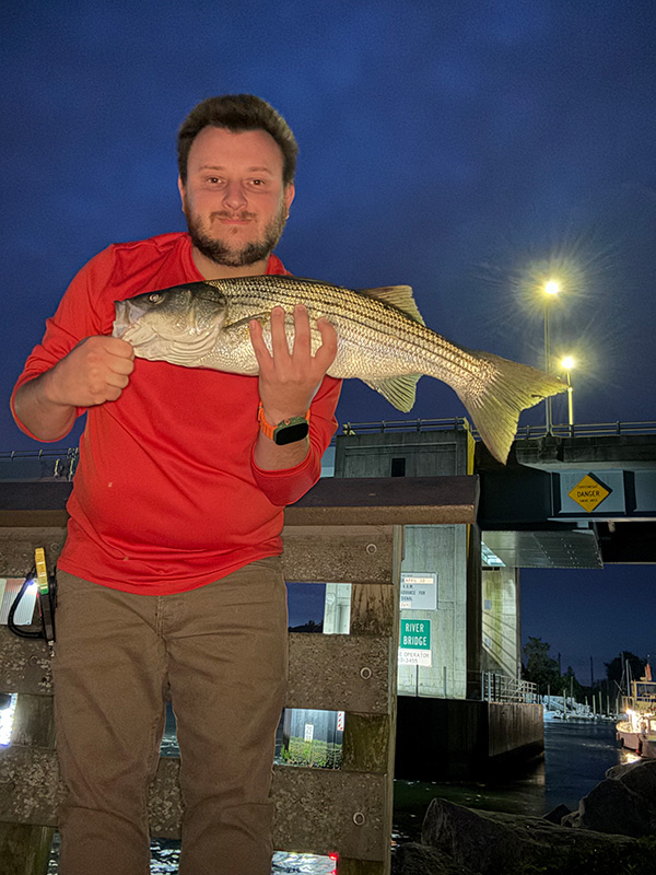 Week 19 Shore winner Tristan Blair of Higganum, CT with his striped bass